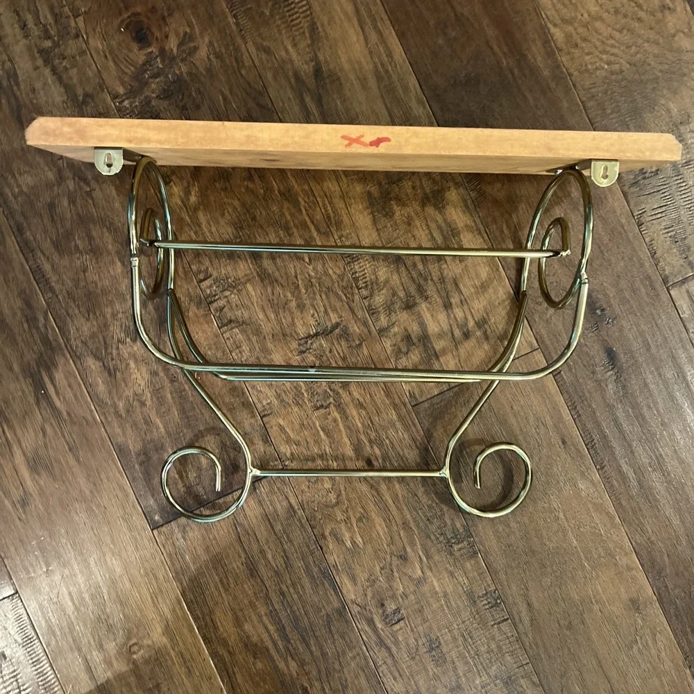Vintage Home Interiors Wood Wall Shelf Gold Tone Scroll Metal  2 Towel Rack 17.5